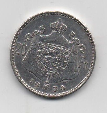 BELGICA DEL AÑO 1934 DE 20 FRANCOS