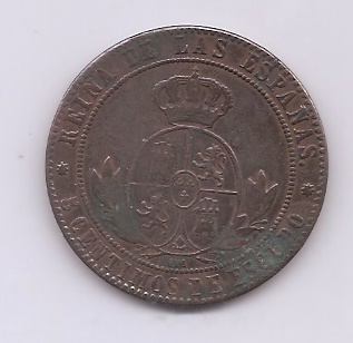 ESPAÑA ISABEL II DEL AÑO 1868 5 CENTIMOS DE ESCUDO