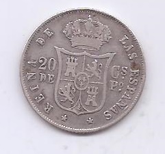 ESPAÑA ISABEL II DEL AÑO 1868 20 CENTIMOS DE PESO