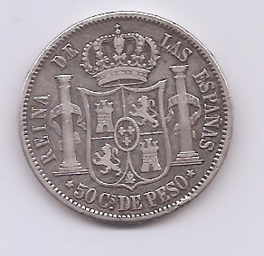 ESPAÑA ISABEL II DEL AÑO 1868 50 CENTIMOS DE PESO
