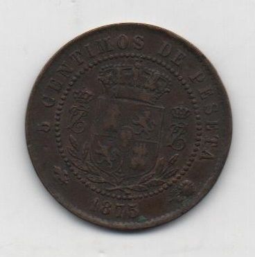 ESPAÑA CARLOS VII EL PRETENDIENTE DEL AÑO 1875 DE 5 CENTIMOS CECA OÑATE