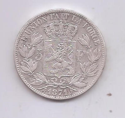 BELGICA DEL AÑO 1871 DE 5 FRANCOS