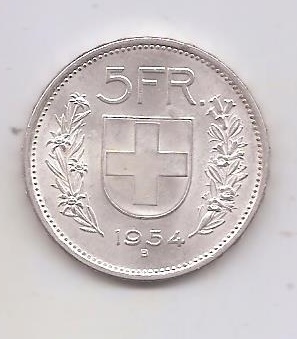 SUIZA DEL AÑO 1954 DE 5 FRANCOS