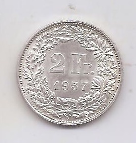 SUIZA DEL AÑO 1957 DE 2 FRANCOS