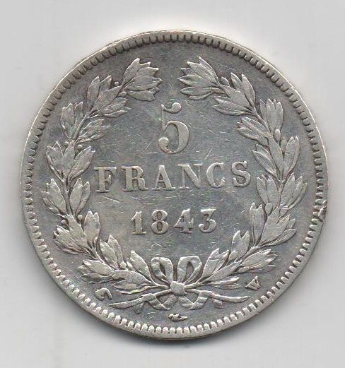 FRANCIA DEL AÑO 1843 DE 5 FRANCOS L. PHILIPPE I LETRA W