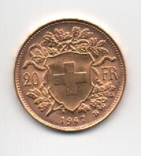 SUIZA DEL AÑO 1947 DE 20 FRANCOS