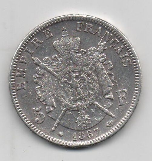 FRANCIA DEL AÑO 1867 DE 5 FRANCOS LETRA A