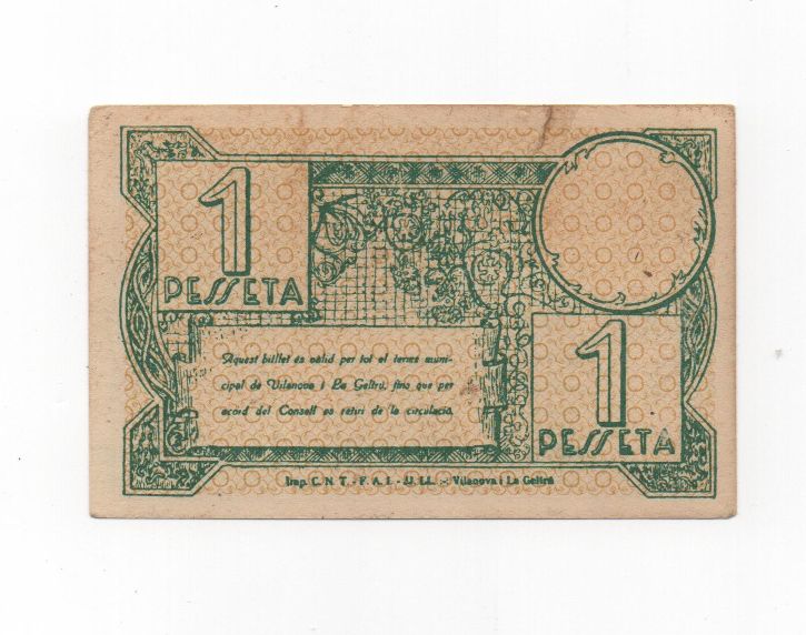 ESPAÑA BILLETE LOCAL REPUBLICANO DEL AÑO 1937 DE 1 PESETA. AYUNTAMIENTO VILANOVA I LA GELTRU