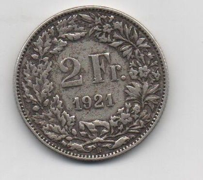 SUIZA DEL AÑO 1921 DE 2 FRANCOS