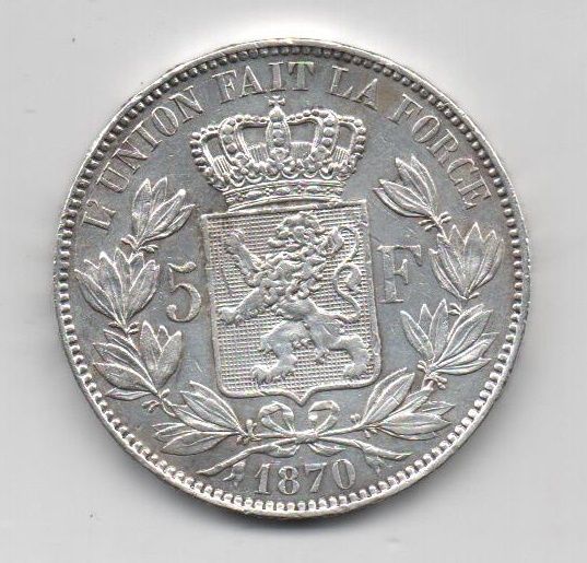 BELGICA DEL AÑO 1870 DE 5 FRANCOS