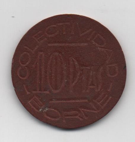 ESPAÑA II REPÚBLICA COLECTIVIDAD BORNE SINDICATO INDUSTRIAL DE 10 PESETAS