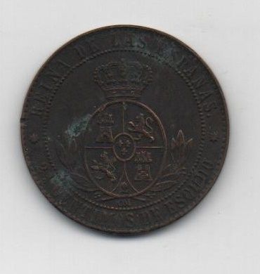 ESPAÑA ISABEL II DEL AÑO 1868 DE 2 1/2 CENTIMOS DE ESCUDO