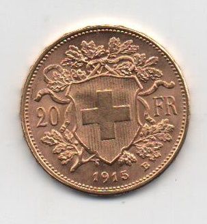 SUIZA DEL AÑO 1915 DE 20 FRANCOS