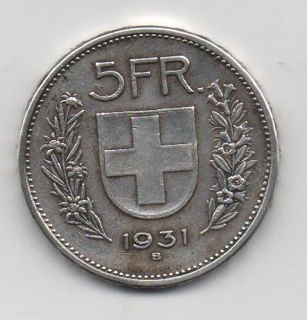 SUIZA DEL AÑO 1931 DE 5 FRANCOS