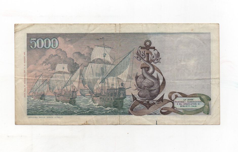 ITALIA DEL AÑO 1971.77 DE 5000 LIRAS