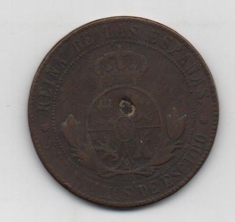 ESPAÑA ISABEL II DEL AÑO 1868 DE 5 CENTIMOS DE ESCUDO OM SEVILLA