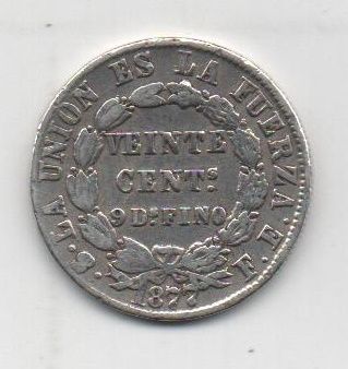BOLIBIA DEL AÑO 1877 DE 20 CENTAVOS