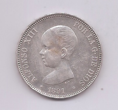 ALFONSO XIII DEL AÑO 1891 *91 DE 5 PESETAS
