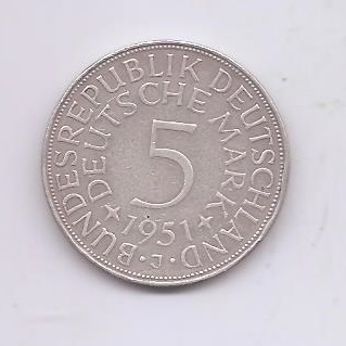 ALEMANIA DEL AÑO 1951 LETRA J DE 5 MARCOS
