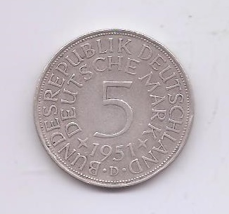 ALEMANIA DEL AÑO 1951 LETRA D DE 5 MARCOS