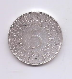 ALEMANIA DEL AÑO 1957 LETRA F DE 5 MARCOS
