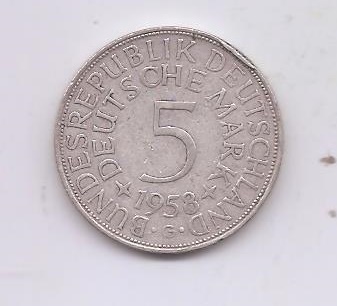 ALEMANIA DEL AÑO 1958 LETRA G DE 5 MARCOS