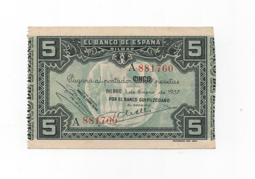 ESPAÑA BILLETE LOCAL REPUBLICANO DEL AÑO 1937 DE 5 PESETAS. BILBAO