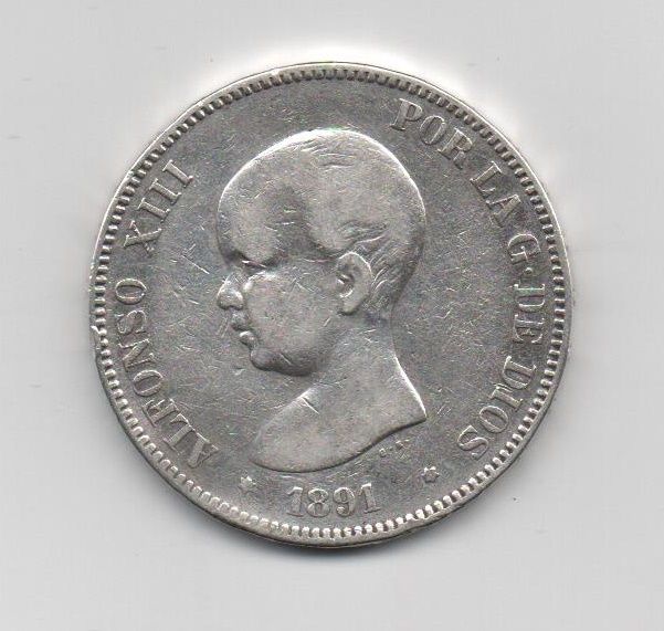 ALFONSO XIII DEL AÑO 1891 *91 DE 5 PESETAS