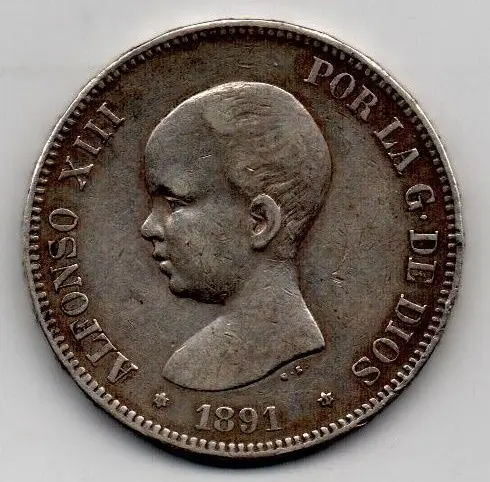 ALFONSO XIII DEL AÑO 1891 *91 DE 5 PESETAS