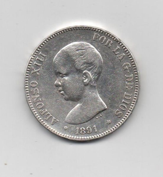 ALFONSO XIII DEL AÑO 1891 *91 DE 5 PESETAS