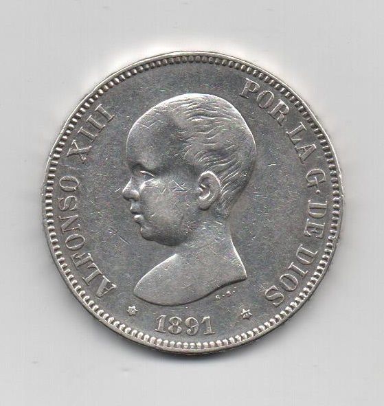 ALFONSO XIII DEL AÑO 1891 *91 DE 5 PESETAS