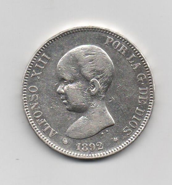 ALFONSO XIII DEL AÑO 1892 *92 DE 5 PESETAS