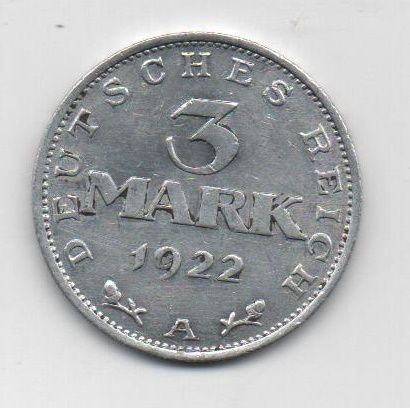 ALEMANIA DEL AÑO 1922 IMPERIO REPUBLICA WEIMAR LETRA A DE 3 MARCOS