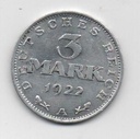 ALEMANIA DEL AÑO 1922 IMPERIO REPUBLICA WEIMAR LETRA A DE 3 MARCOS