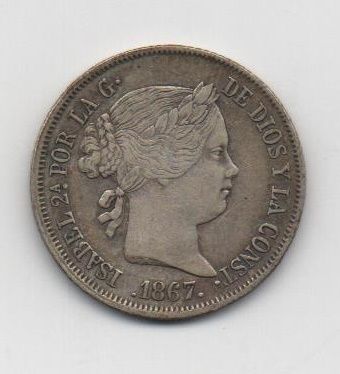 ESPAÑA ISABEL II DEL AÑO 1867 DE 40 CENTIMOS DE ESCUDO