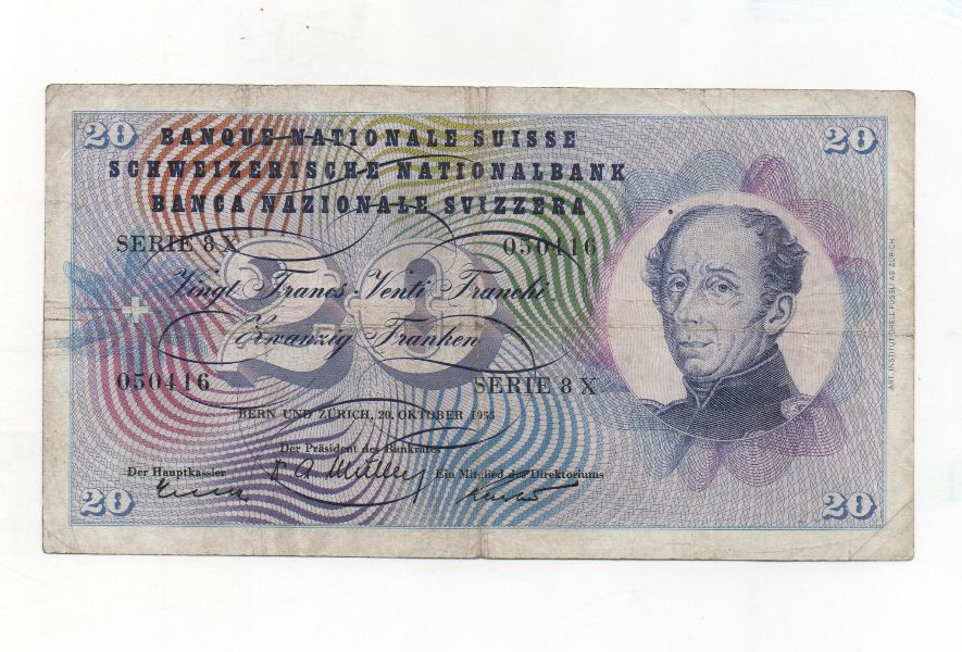 SUIZA DEL AÑO 1955 DE 20 FRANCOS