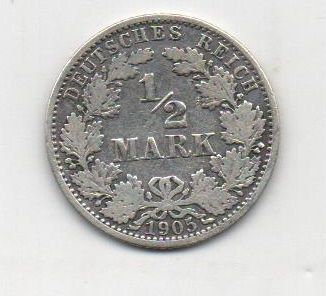 ALEMANIA REICH DEL AÑO 1905 LETRA A DE 1/2 MARCO