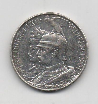 ALEMANIA DEL AÑO 1901 LETRA A PRUSIA GUILLERMO II+FREDERIC I DE 2 MARKS