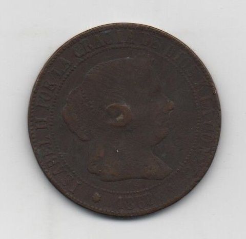 ESPAÑA ISABEL II DEL AÑO 1868 DE 5 CENTIMOS DE ESCUDO OM SEVILLA