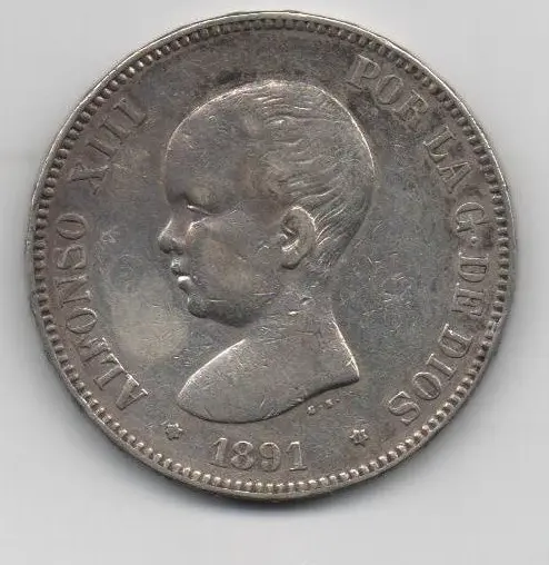 ALFONSO XIII DEL AÑO 1891 *91 DE 5 PESETAS