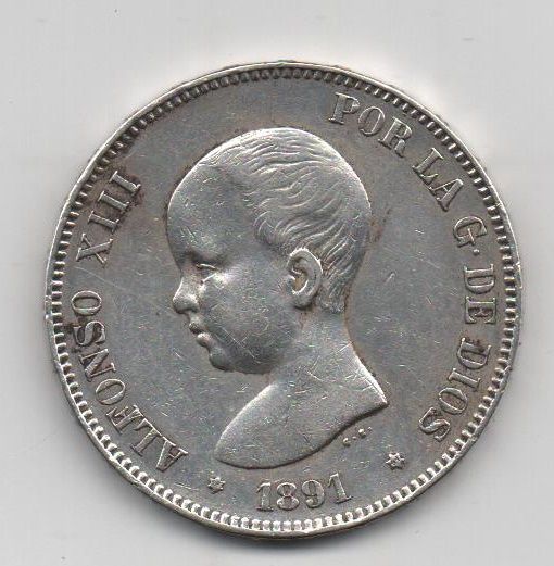 ALFONSO XIII DEL AÑO 1891 *91 DE 5 PESETAS