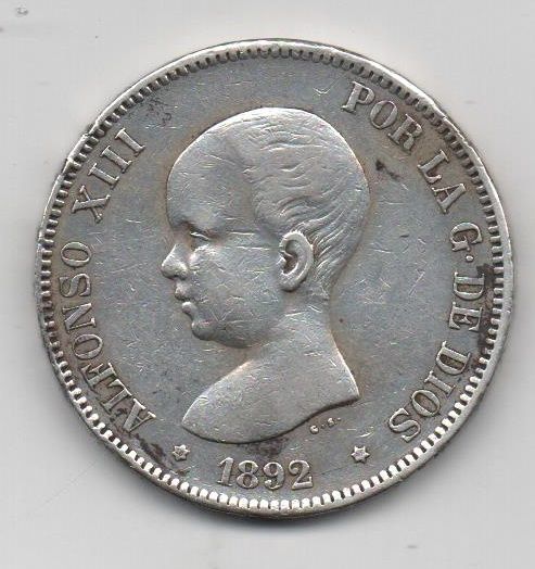 ALFONSO XIII DEL AÑO 1892 *92 DE 5 PESETAS