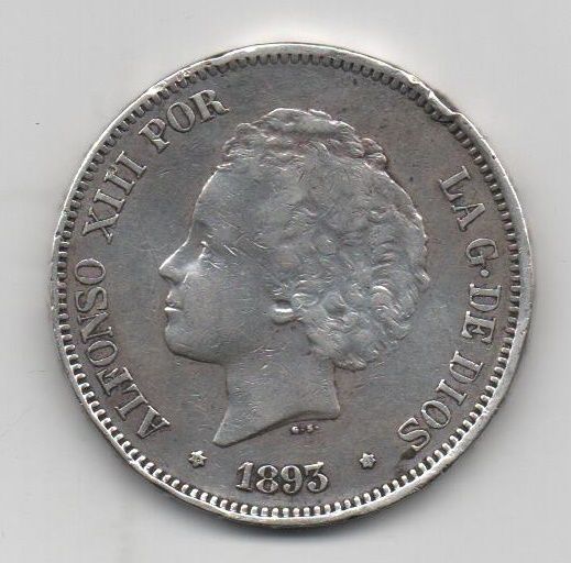 ALFONSO XIII DEL AÑO 1893 *93 RIZOS DE 5 PESETAS