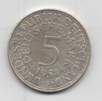 ALEMANIA FEDERAL DEL AÑO 1951 LETRA G DE 5 MARCOS