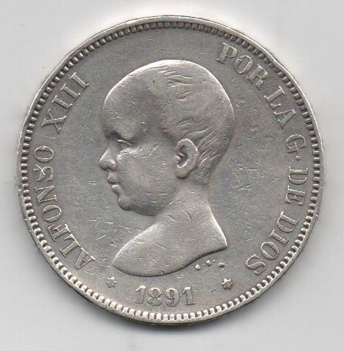ALFONSO XIII DEL AÑO 1891 *91 DE 5 PESETAS