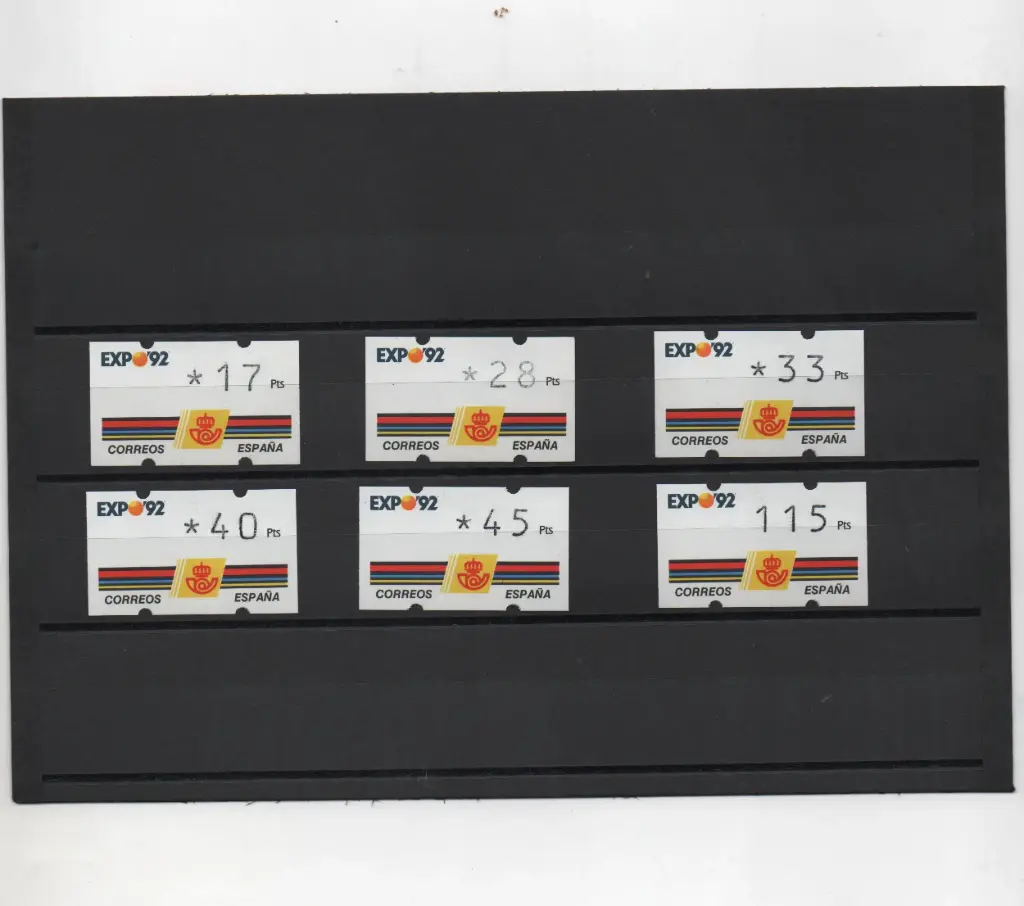 ETIQUETAS EXPO'92 6 VALORES SUELTOS CON 3 DIGITOS SIN NUMERO AL DORSO AÑO 1992