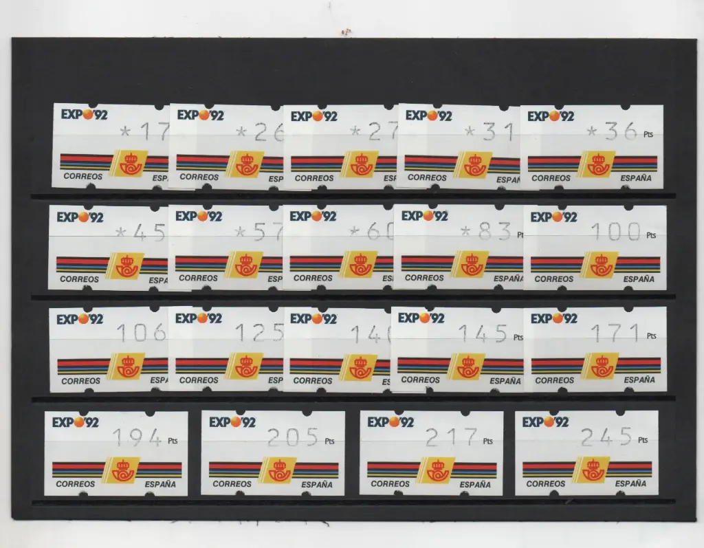 ETIQUETAS EXPO'92 19 VALORES CON 3 DIGITOS SIN NUMERO AÑO 1992