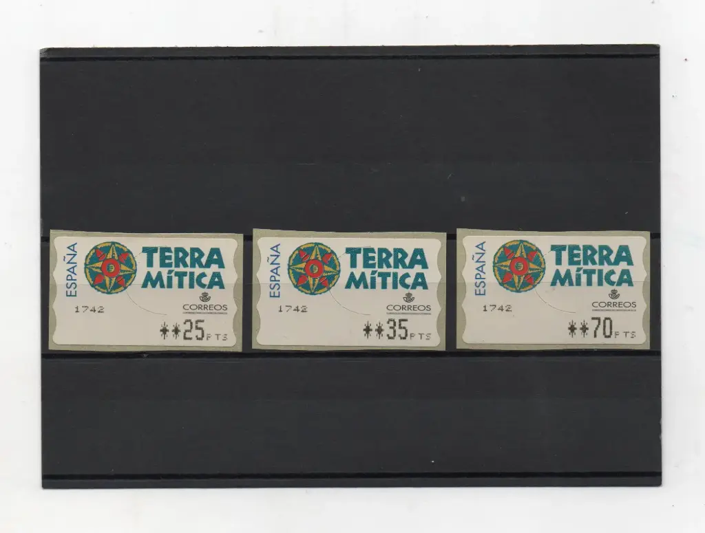 ETIQUETAS TERRA MITICA 3 VALORES AÑO 2000
