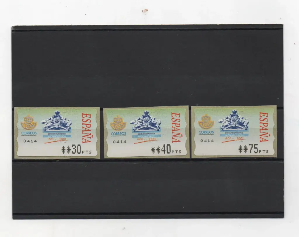 ETIQUETAS II CENTENARIO DEL NACIMIENTO DE ALEJANDRO MON 3 VALORES AÑO 2001