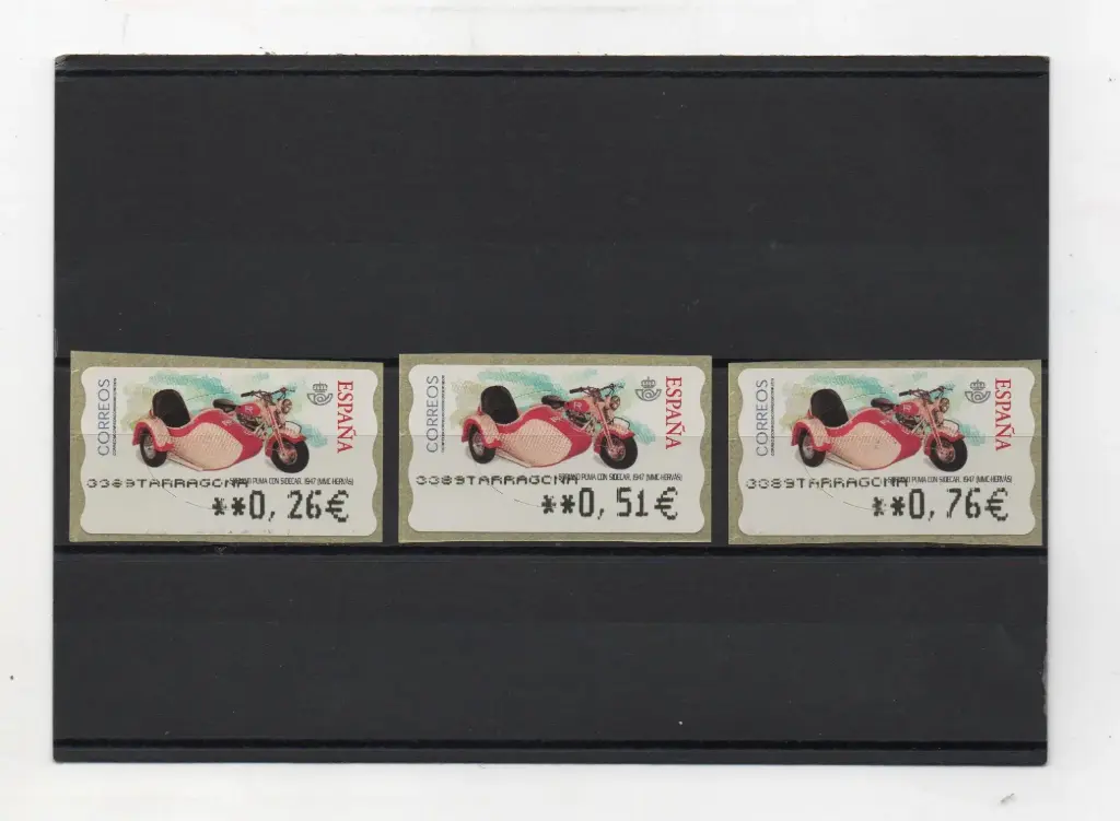 ETIQUETAS MOTOCICLETAS CLASICAS SORIANO CON SIDECAR 3 VALORES AÑO 2003